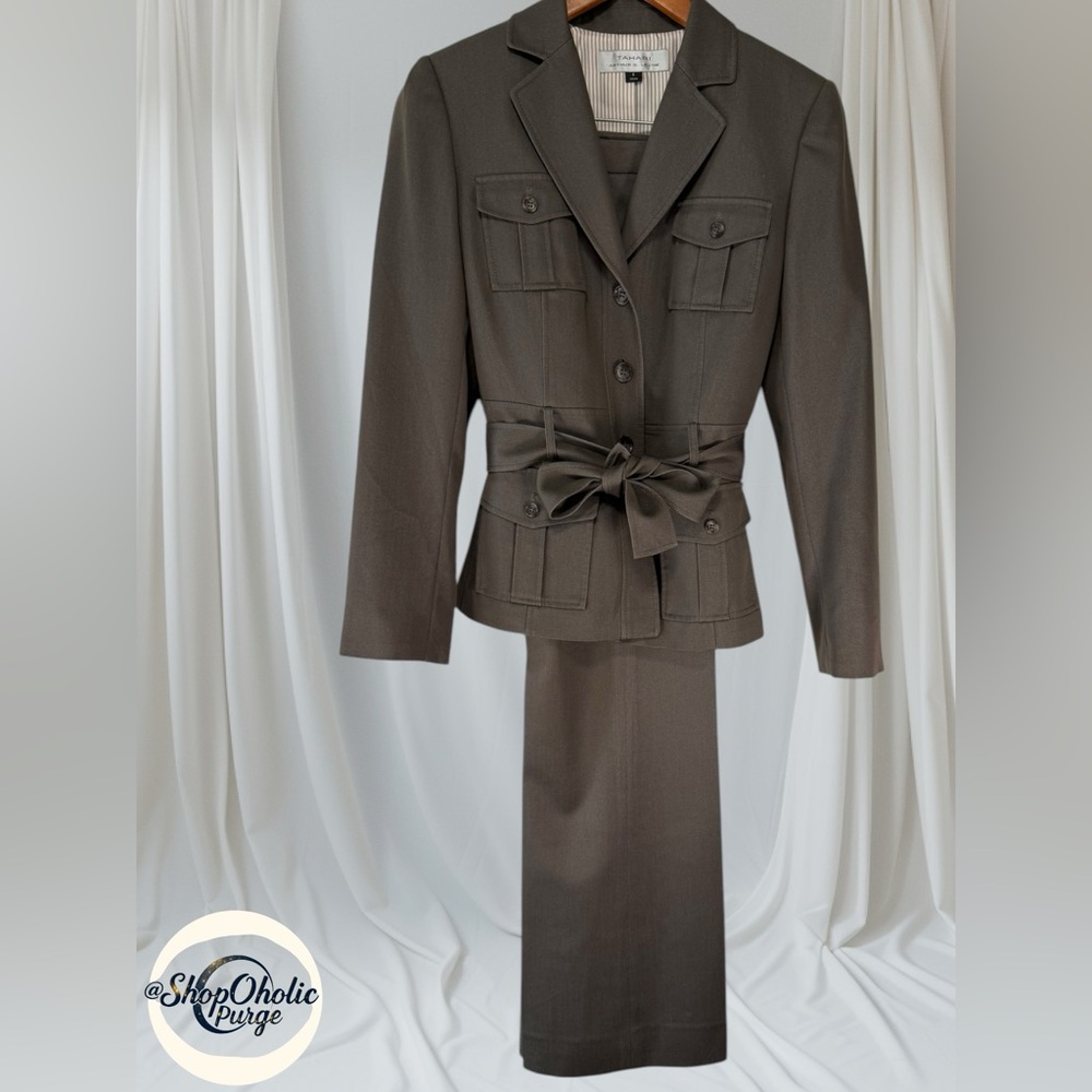 T Tahari Dark Brown Two-Piece Belted Blazer Suit